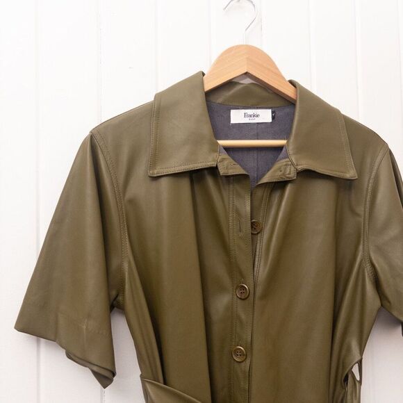 The Frankie Shop Zoeyy Faux Leather Wrap Dress Khaki Green Size Small - Picture 3 of 9